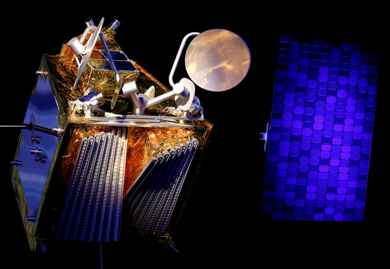FILE PHOTO: A scale model of an Airbus OneWeb satellite and its solar panel are pictured as Airbus announces annual results in Blagnac, near Toulouse