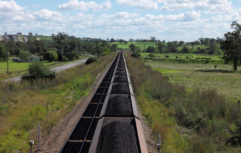 FILE PHOTO: An Aurizon coal train travels through the countryside in Muswellbrook, north of Sydney, Australia