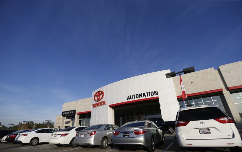 Vehicles for sale are pictured on the lot at AutoNation Toyota dealership in Cerritos