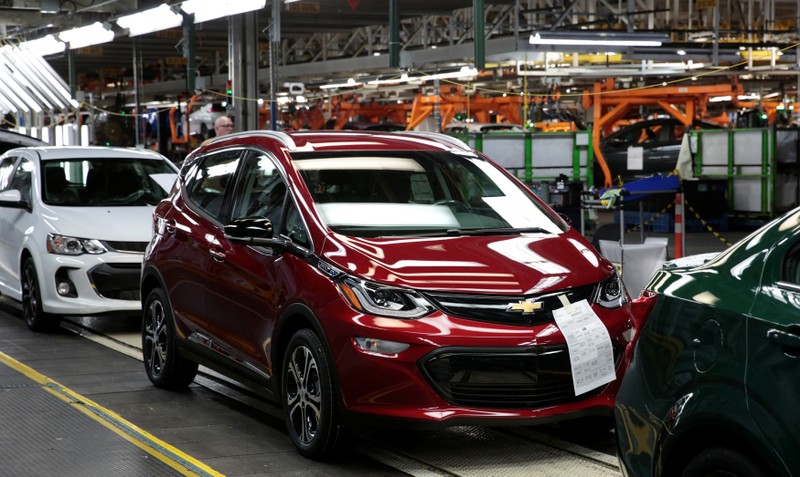 A red 2018 Chevrolet Bolt EV vehicle is seen on the assembly line at General Motors Orion Assembly in Lake Orion, Michigan,