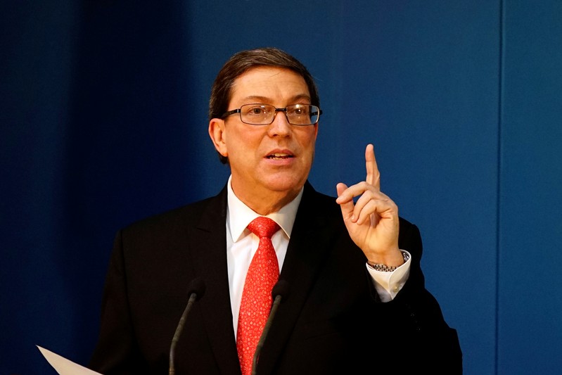 Cuba's Foreign Minister Bruno Rodriguez gestures as he speaks during a news conference in Havana