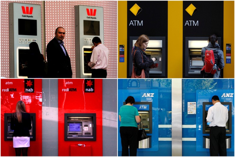 FILE PHOTO - A combination of photographs shows people using automated teller machines (ATMs) at Australia's 