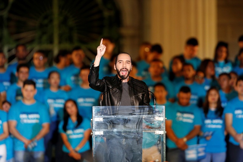 FILE PHOTO: Presidential candidate Nayib Bukele, of the Great National Alliance (GANA) participates in a rally to close his election campaign in downtown San Salvador