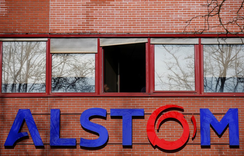 The Alstom logo is seen on the company's TGV high-speed train factory in Belfort