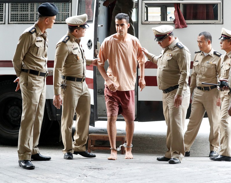 Jailed Bahraini footballer Hakeem Al Araibi arrives at Thailand's Criminal Court in Bangkok
