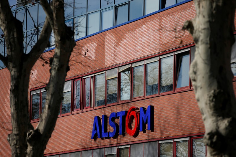 The logo of Alstom is seen on the high-speed train TGV factory of the company in Belfort