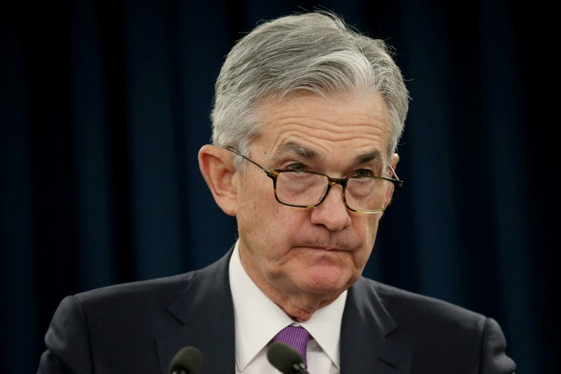 FILE PHOTO - Federal Reserve Chairman Jerome Powell holds a press conference following a two day Federal Open Market Committee policy meeting in Washington, U.S.