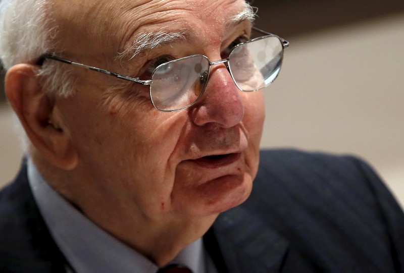 FILE PHOTO: Former U.S. Federal Reserve Board Chairman Paul A. Volcker speaks at a news conference in New York