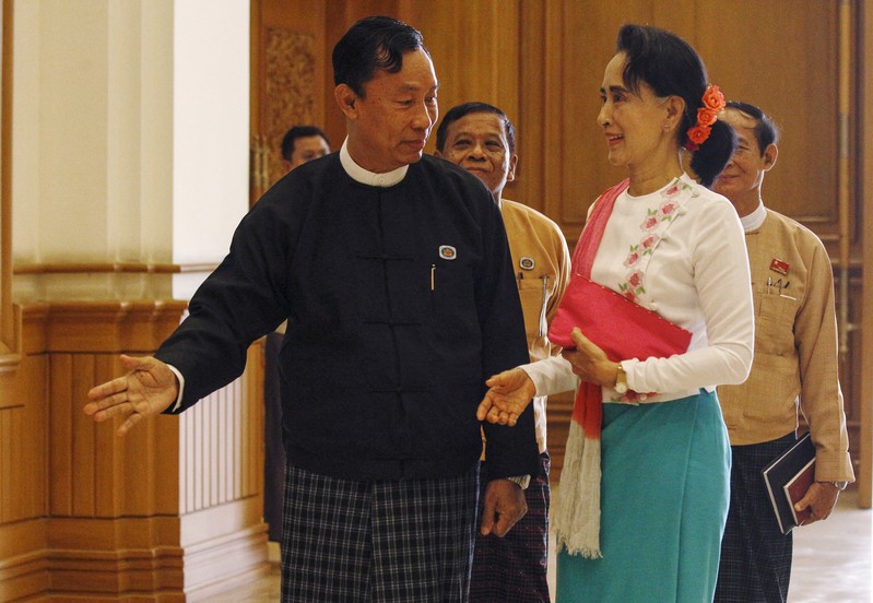 FILE PHOTO: Shwe Mann, speaker of Myanmar's Union Parliament, greets NLD leader Aung San Suu Kyi before their meeting at the Lower House of Parliament in Naypyitaw