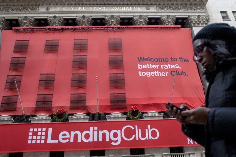 Lending Club banner hangs on the facade of the the New York Stock Exchange
