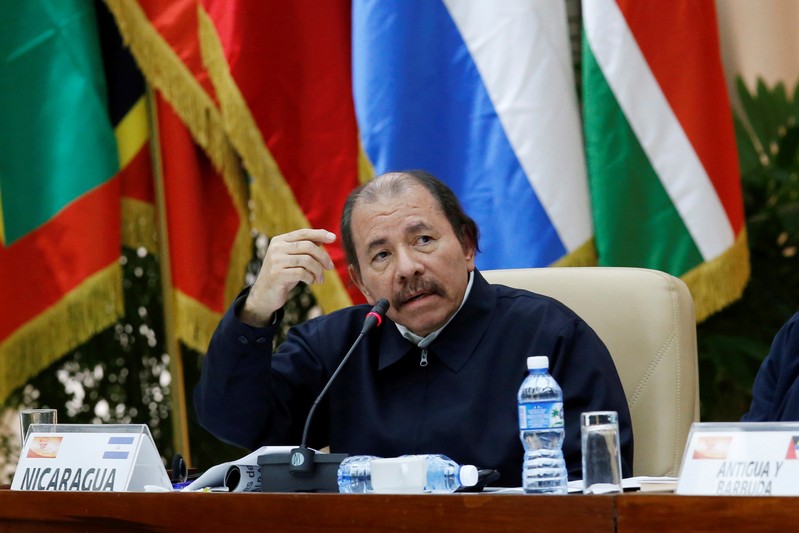 Nicaragua's President Daniel Ortega speaks during the 16th Bolivarian Alliance for the Peoples of Our America-Peoples Trade Agreement Summit in Havana