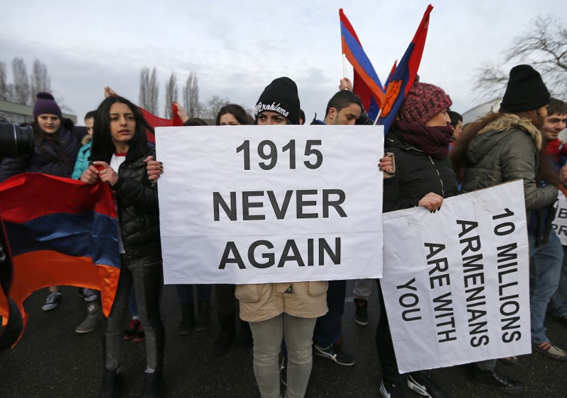 Armenian protester take part in a demonstration near the European Court of Human Rights in Strasbourg