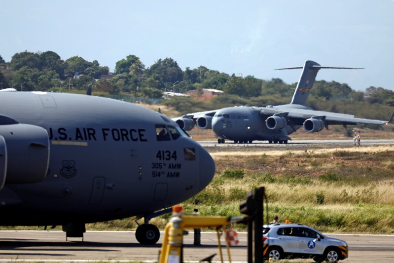 A second U.S. Air Force plane carrying humanitarian aid for Venezuela taxis after landing at Camilo Daza Airport in Cucuta