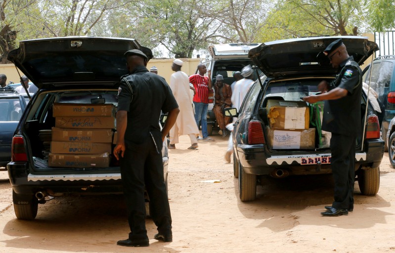 Electoral materials are seen in a car outside the Independent INEC office in Daura