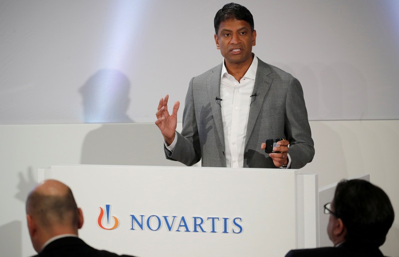 FILE PHOTO: CEO Vas Narasimhan of Swiss drugmaker Novartis addresses the company's annual news conference in Basel