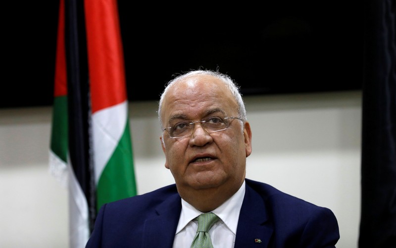 Chief Palestinian negotiator Saeb Erekat looks on during a news conference following his meeting with foreign diplomats in Ramallah, in the Israeli-occupied West Bank