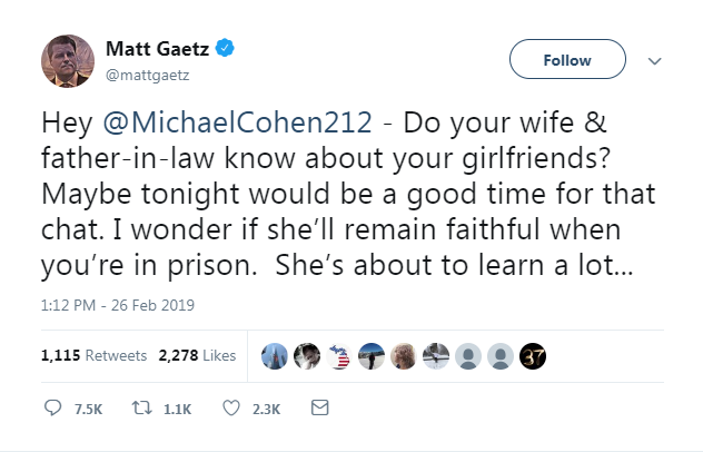 Rep. Matt Gaetz apologizes to ex-Trump lawyer Cohen after Twitter smear; PAC files ethics complaint