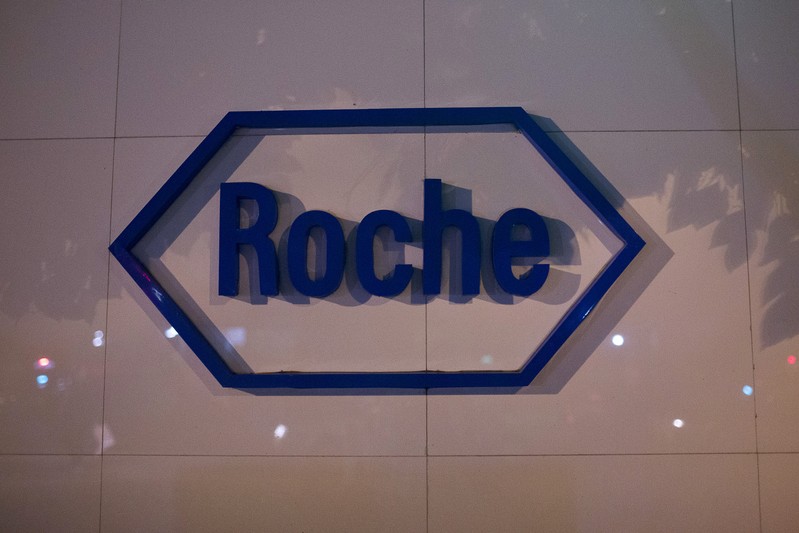 FILE PHOTO - The logo of Swiss pharmaceutical company Roche is seen outside the Shanghai Roche Pharmaceutical Co. Ltd. headquarters in Shanghai