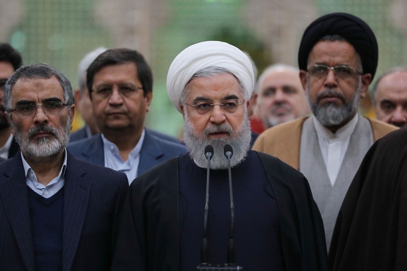 Iran's President Hassan Rouhani speaks during his visit to the shrine of the founder of the Islamic Republic, Ayatollah Ruhollah Khomeini, south of Tehran