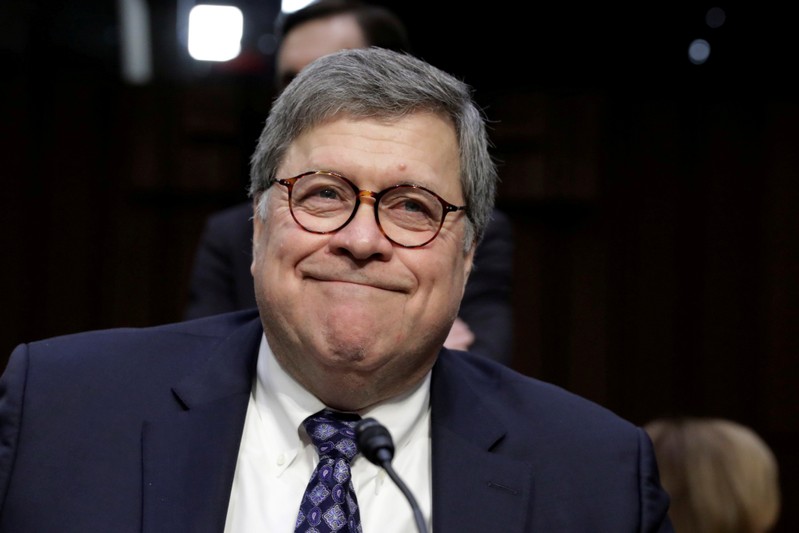 FILE PHOTO: William Barr testifies at a Senate Judiciary hearing on nomination to be U.S. attorney general on Capitol Hill in Washington
