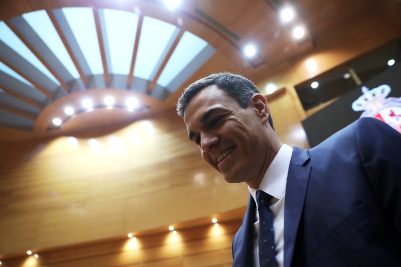 Spanish PM Sanchez arrives for a session at the Senate in Madrid
