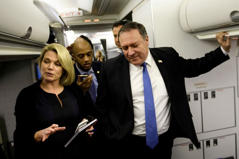 FILE PHOTO: Spokesperson Heather Nauert while US Secretary of State Mike Pompeo dialogues with reporters in his plane while flying from Panama to Mexico