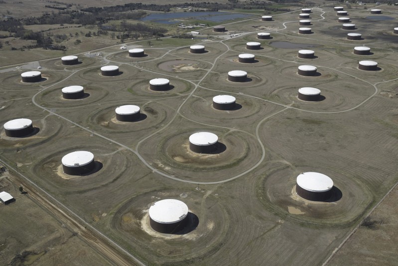 Crude oil storage tanks are seen from above at the Cushing oil hub in Cushing