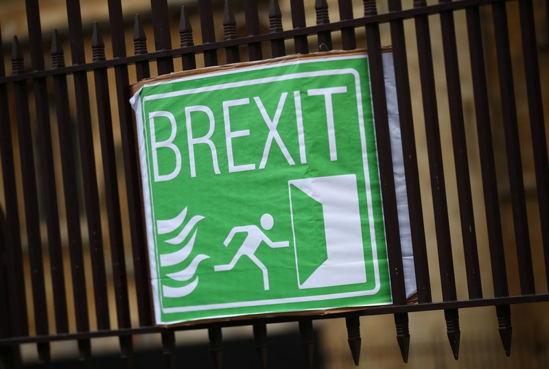 A pro-brexit sign is seen outside the Houses of Parliament, in Westminster, in London
