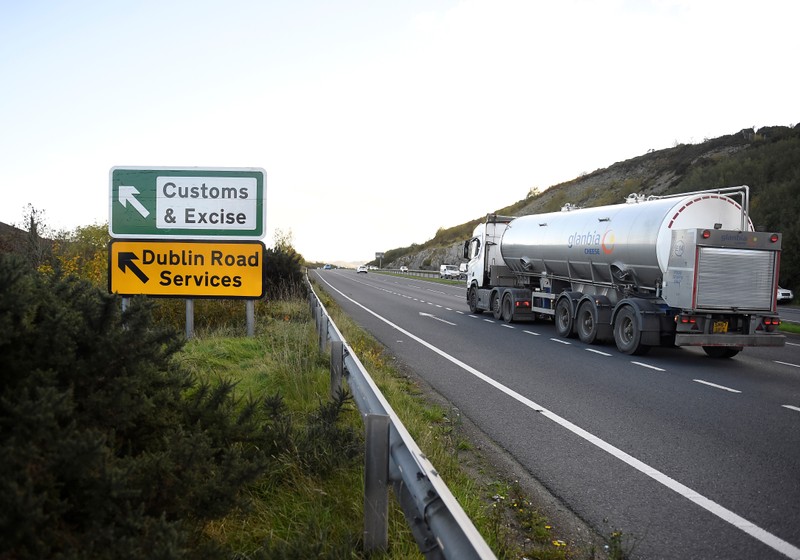 A sign for Customs and Excise is seen on a road near Kileen, Northern Ireland