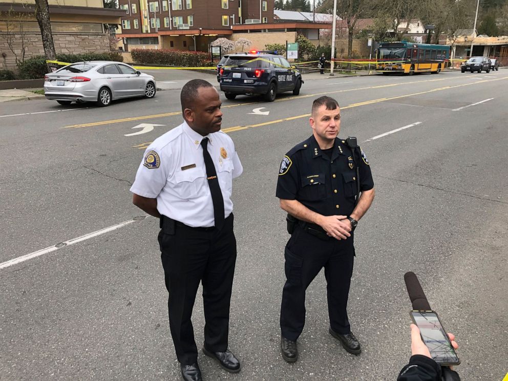 Seattle Fire Chief Harold Scoggins, left, and Deputy Police Chief Marc Garth Green give a media briefing following a shooting in Seattle on Wednesday, March 27, 2019.