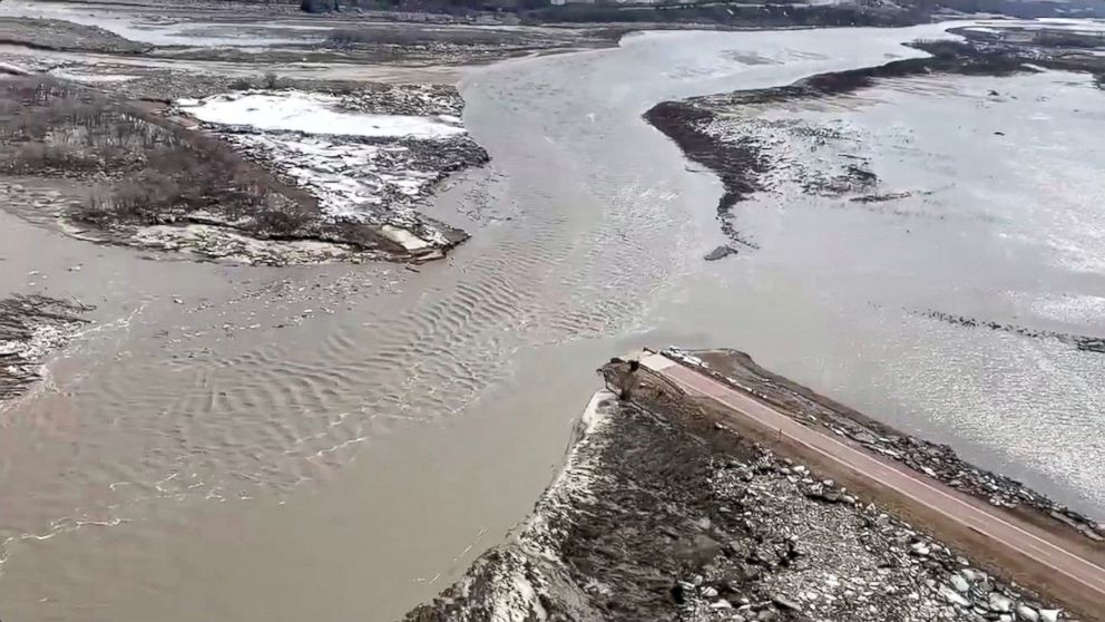 Highway 12 is seen damaged after a storm triggered historic flooding, over Niobrara River, Neb., March 16, 2019.