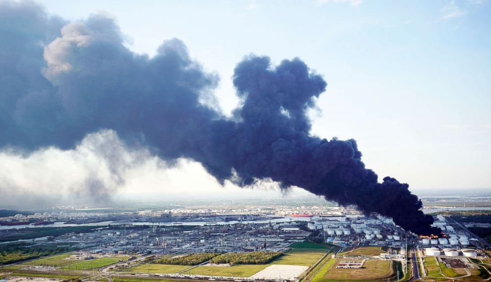A plume of smoke rises from a petrochemical fire at the Intercontinental Terminals Company, March 18, 2019, in Deer Park, Texas.