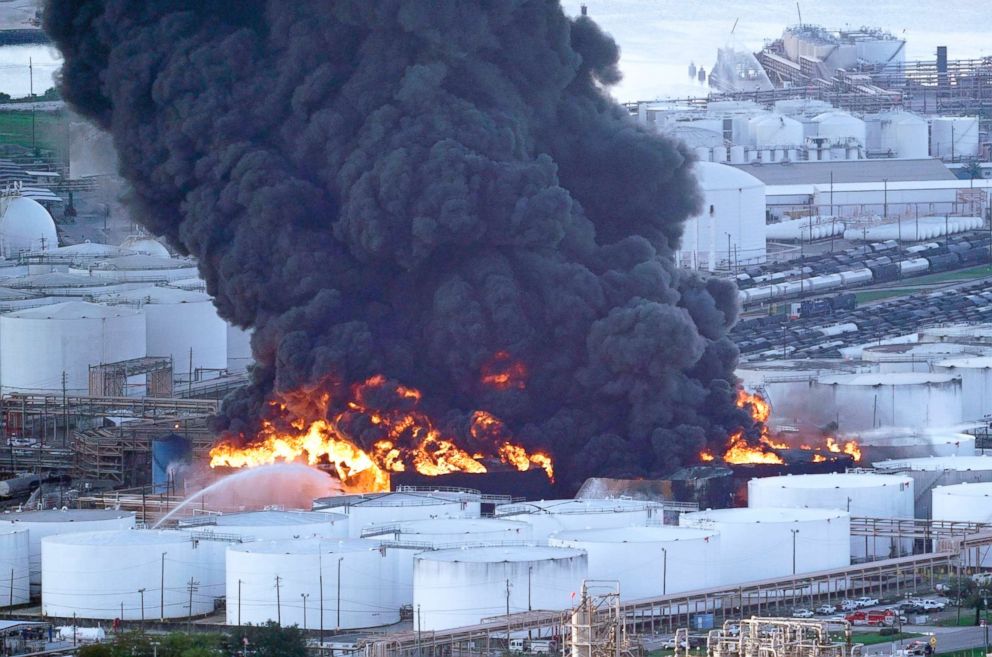 Firefighters battle a petrochemical fire at the Intercontinental Terminals Company, March 18, 2019, in Deer Park, Texas.