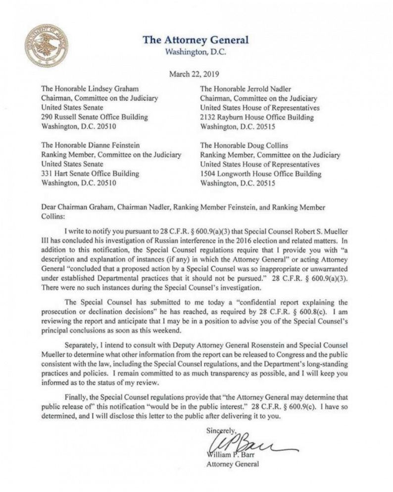 The Department of Justice notification to Congress regarding the conclusion of the Mueller Investigation, March 22, 2019.