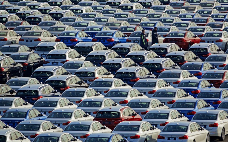 FILE PHOTO: BMW cars are seen at the automobile terminal in the port of Dalian