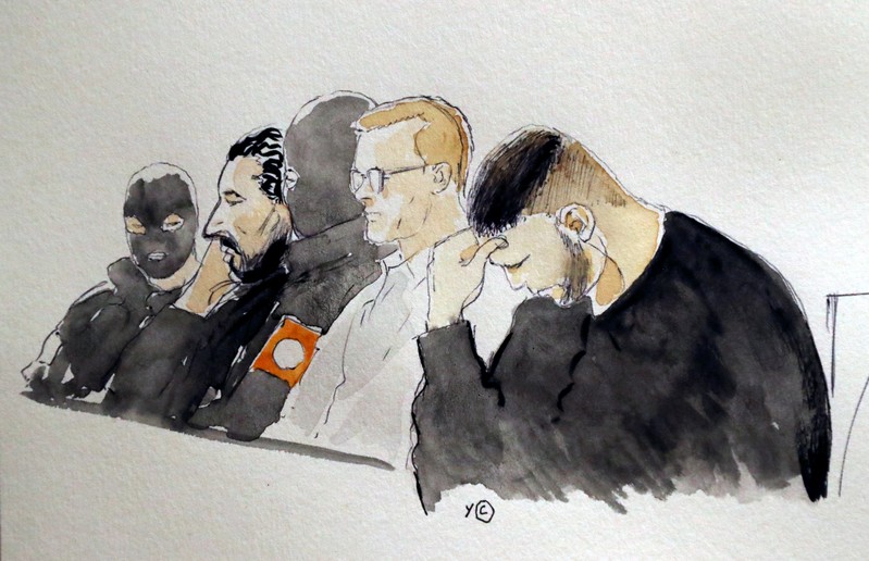 A court drawing shows Mehdi Nemmouche and Nacer Bendrer during the trial of Nemmouche and Bendrer at Brussels' Palace of Justice