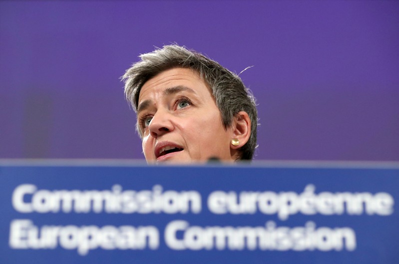 FILE PHOTO: EU Competition Commissioner Vestager talks to the media at the European Council headquarters in Brussels