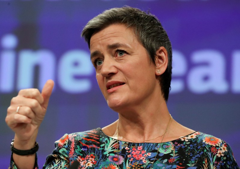 European Competition Commissioner Margrethe Vestager talks to the media at the European Commission headquarters in Brussels