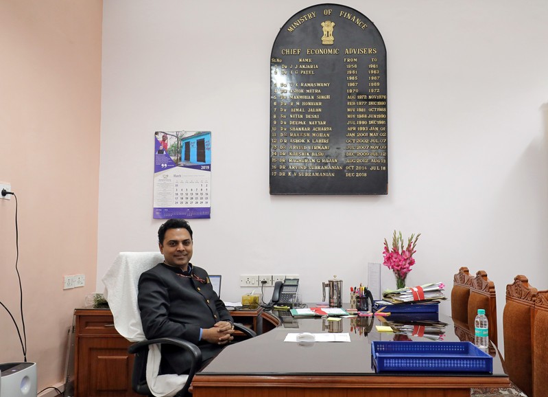 Krishnamurthy Subramanian, chief economic adviser at India's Finance Ministry, poses after an interview with Reuters at his office in New Delhi
