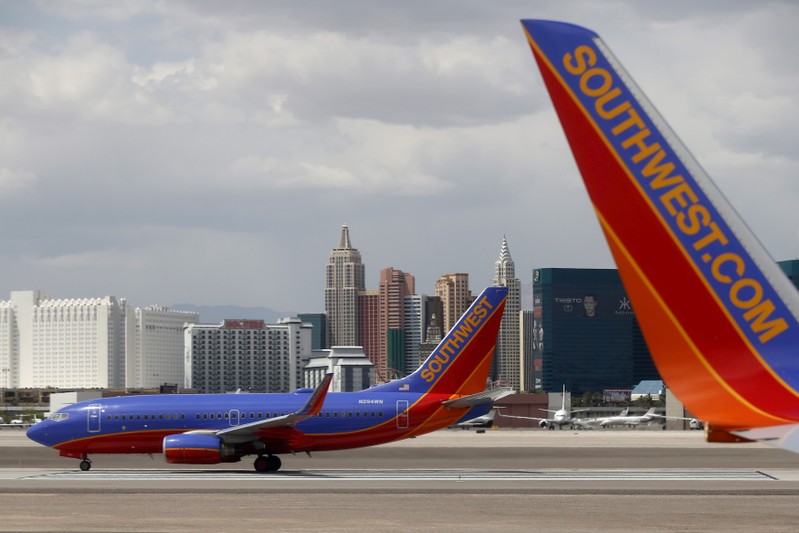 FILE PHOTO: Southwest Airlines planes are seen in front of the Las Vegas strip