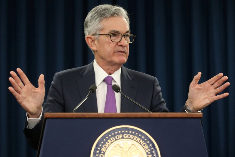 FILE PHOTO: Federal Reserve Chairman Jerome Powell holds a press conference following a two day Federal Open Market Committee policy meeting in Washington, U.S.