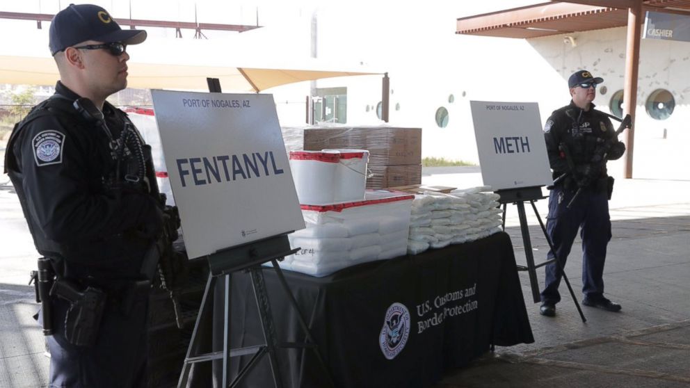 Packets of fentanyl and methamphetamine, which U.S. Customs and Border Protection say they seized from a truck crossing into Arizona from Mexico, is on display during a news conference at the Port of Nogales, Ariz., Jan. 31, 2019.
