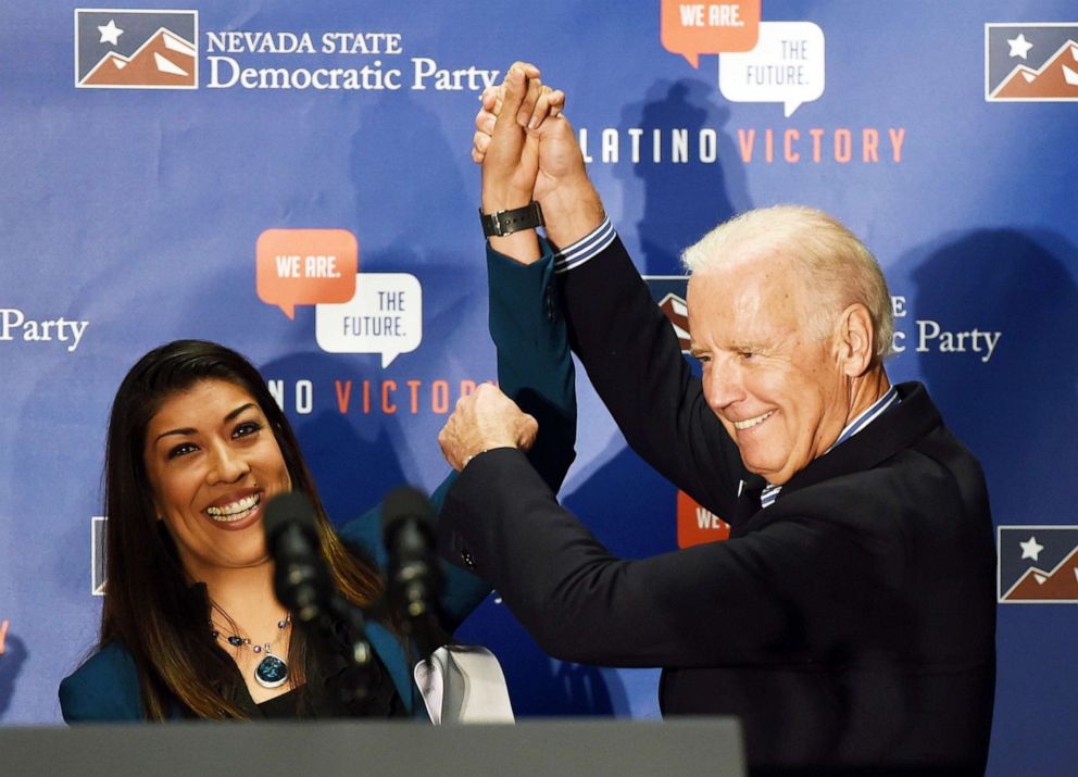 Democratic candidate for lieutenant governor and current Nevada Assemblywoman Lucy Flores introduces U.S. Vice President Joe Biden at a get-out-the-vote rally in Las Vegas, Nov. 1, 2014 .