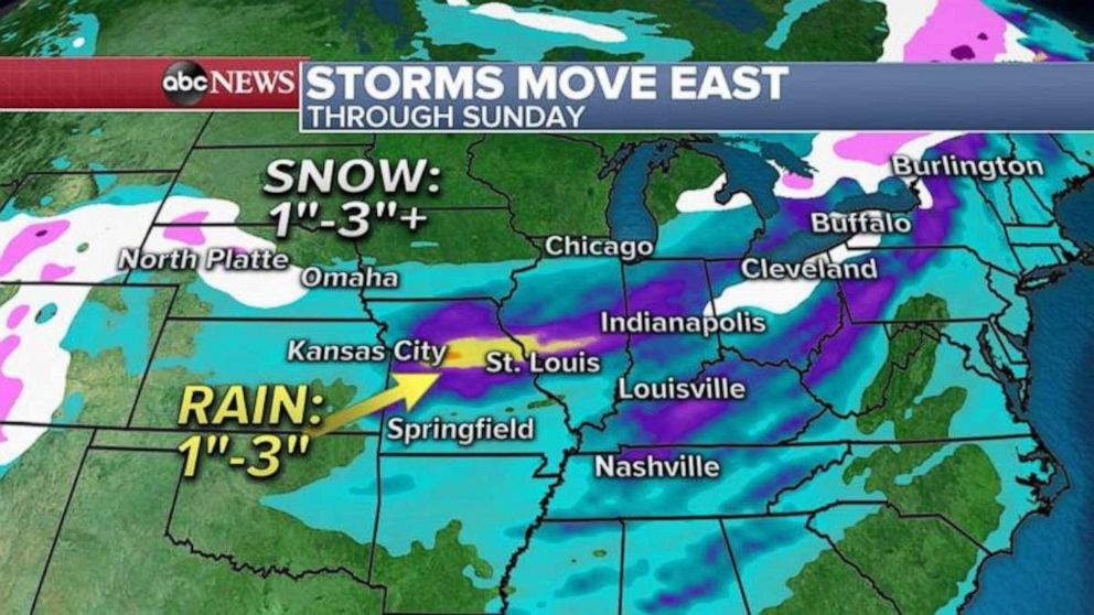 Snow will mostly be light, but parts of northern Missouri and central Illinois could see 1 to 3 inches of rain.