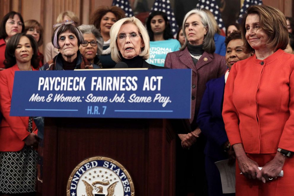 Women's equality activist Lilly Ledbetter speaks as U.S. Speaker of the House Rep. Nancy Pelosi, right, and other Democratic Congressional members listen during a news conference at the U.S. Capitol, Jan. 30, 2019 in Washington, D.C.