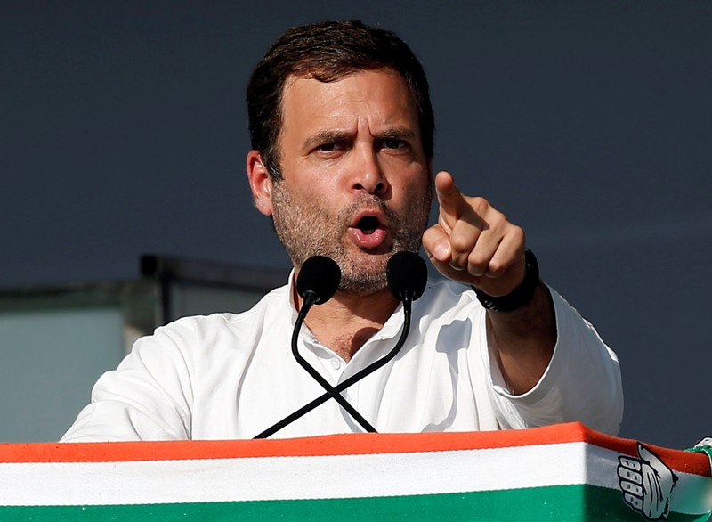 FILE PHOTO: Rahul Gandhi, President of India's main opposition Congress party, addresses his party's supporters during a public meeting in Gandhinagar