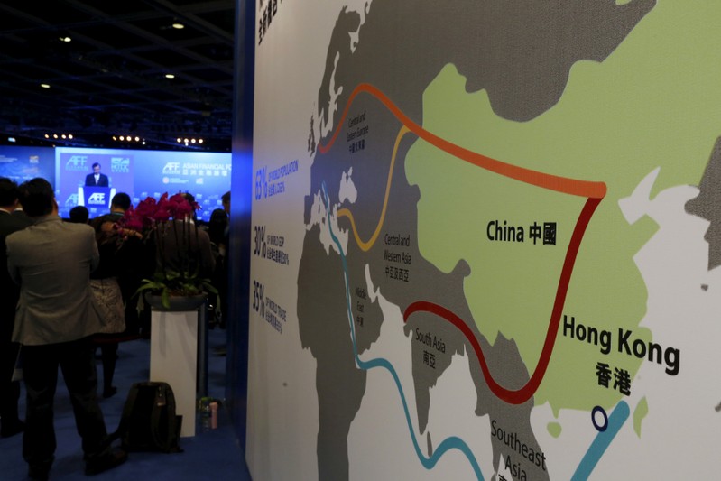 FILE PHOTO: A map illustrating China's silk road economic belt and the 21st century maritime silk road, or the so-called 