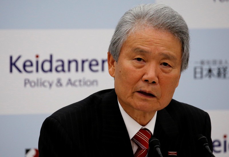 FILE PHOTO: Chairman of Japan Business Federation Sadayuki Sakakibara attends a news conference in Tokyo