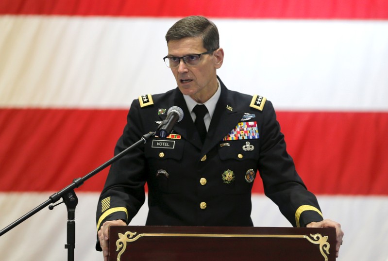 General Joseph L. Votel, Commander of United States Central Command (CENTCOM) speaks during the Change of Command U.S. Naval Forces Central Command 5th Fleet Combined Maritime Forces ceremony at the U.S. Naval Base in Bahrain