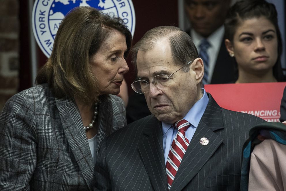 Speaker of the House Nancy Pelosi (D-CA) speaks with House Judiciary Committee Chairman Rep. Jerrold Nadler (D-NY) during a press conference to discuss the American Dream and Promise Act at the Tenement Museum, March 20, 2019, in New York.